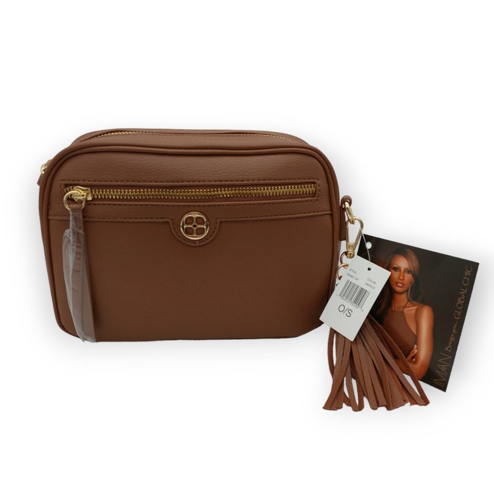 IMAN Crossbody Purse Color Saddle Tassel Brown NWT